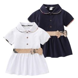 Vestidos de moda para niñas, vestido de algodón con cuello vuelto para bebé, vestido con lazo de manga corta, falda de princesa para niña pequeña, ropa para niños