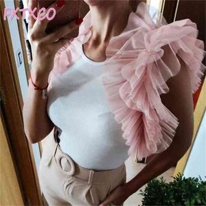 Mode filles petite veste rose volants court tulle haut tenues chemisier gonflé chemise n'importe quelle couleur peut être faite sur mesure 210719