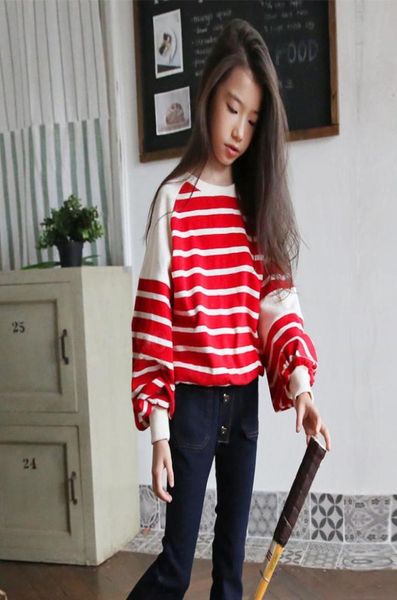 Fashion Girls Round Collar Stripe Sweetshirt Korean Style Girls Tops Printemps Automne Tenage Teenage 8 10 12 ans4424556