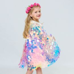 Mode Meisjes Sequin Capes Mantel Rainbow Fish Scale Cape voor Kinderen Kerstmis Halloween Cosplay Little Memaid Princess Costume LJ201130