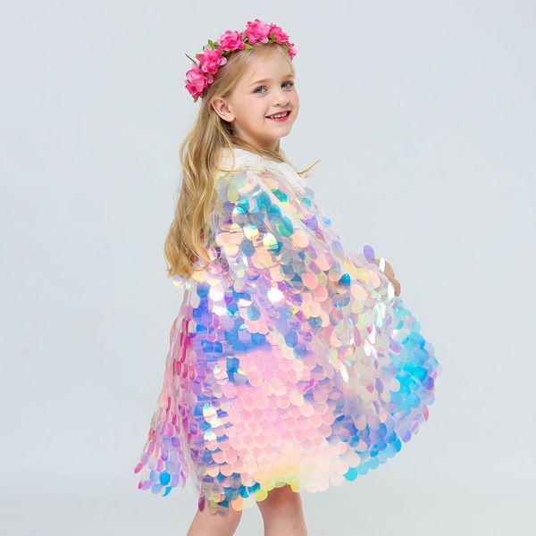 Mode Filles Sequin Capes Cape Rainbow Fish Scale Cape pour Enfants Noël Halloween Cosplay Little Memaid Princess Costume LJ201130