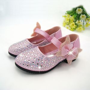 Mode meisjes schoenen strass glitter lederen schoenen voor meisjes lente kinderen prinses schoenen roze zilver gouden 4 kleur maat 26-36