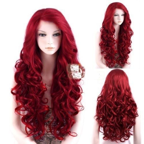 Moda Glamour Pelo largo ondulado Peluca de encaje rojo oscuro Pelo sintético resistente al calor