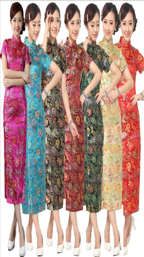 Mode guld kinesiska kvinnor039s satin cheongsam long qipao klänning blommor s m l xl xxl xxxl6699380