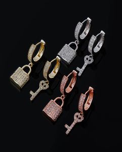 Fashion Gold plaquée bling cz key et boucles d'oreilles verrouillables pour les filles femmes juive hip hop joli cadeau pour ami2354403