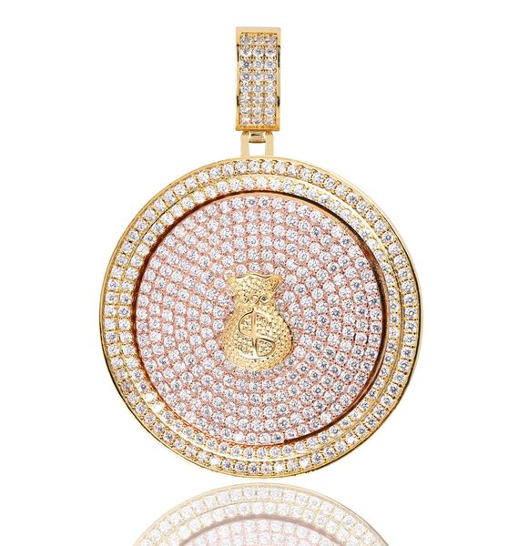 Mode - Plaqué or Full CZ Zircon US Dollar Sign Money Bag Round Rotating Pendentif Collier Chaîne Hip Hop Rappeur Bijoux Cadeaux pour Garçons