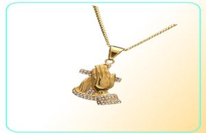 Fashion Gold Pray Hip Hop Vintage Hanger Ketting Bling Hip Hop Crystal Sieraden voor mannen Vrouwen met geschenkbox2302326