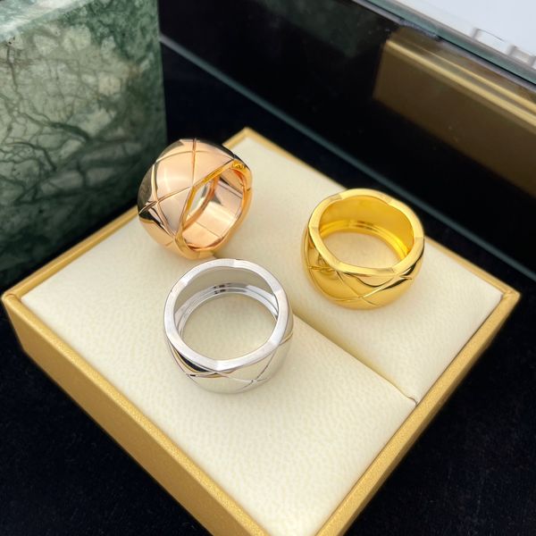 Anillos de oro a la moda, anillo a cuadros ultra ancho de diseñador, oro rosa, plata, regalo de boda para mujer