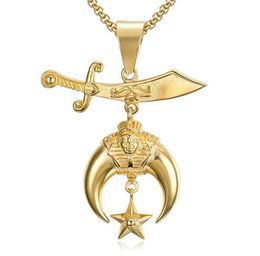 Fashion Gold Silver roestvrijstalen Stee Shriner Necklace Scimitar Moon Star Shrine Pendant Masonic Mason Faraoh Sieraden voor Men9059836