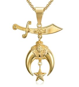 Fashion Gold Silver roestvrijstalen Stee Shriner Necklace Scimitar Moon Star Shrine Pendant Masonic Mason Faraoh Sieraden voor Men6271415