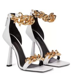 Mode doré classique sandales en cuir de veau chaîne en or décoration tête carrée bout ouvert élégant femmes robe de mariée dîner chaussures de marche