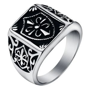 Fashion Golden Color Fleur de Lis Shield Ring Mens Sier-Color Cross Crest Signet Ring 14K Bijoux en or blanc Taille 49