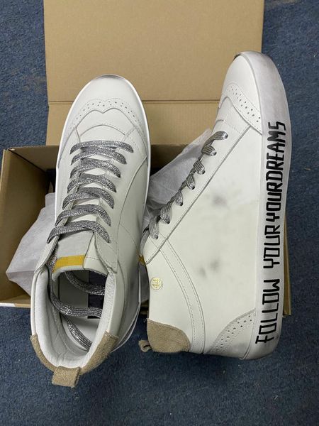 Fashion Golden Mid Star Casual Shoe Lace-Up Sneakers Italie Metallic Disted High Top Suede Coue en cuir en cuir