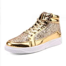 Fashion Golden Shiny Mirrors Chaussures masculines Club Club Bar Glitter Streetwear Hip Hop High Top Men Sneakers Zapatos de Hombre Bottes For Boys Party Dress Chaussures