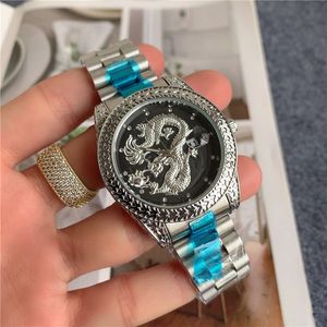 Relojes de marca de buena calidad a la moda para hombres, reloj de pulsera de cuarzo con banda de acero y Metal estilo dragón chino X145