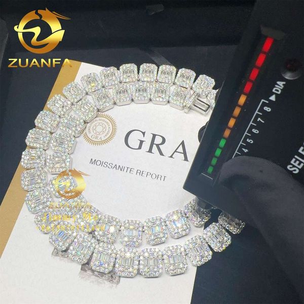 Fashion GRA Certificats Sier 13 mm Iced Out Hip Hop VVS1 Baguette Moisanite Diamond Cluster Tennis Chain Collier
