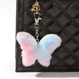 Porte-clés pendentif en peluche de couleur dégradée, mignon papillon chat étoile cœur boules de poils douces, porte-clés pour sacs pour femmes, ornement suspendu