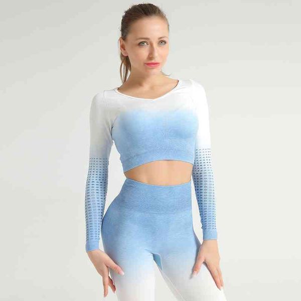 Mode Gradient Seamless Sport T-shirts Femmes Évider Manches Longues Running Crop Top Femme Tie-dye Yoga Ropa Deportiva Mujer 210514