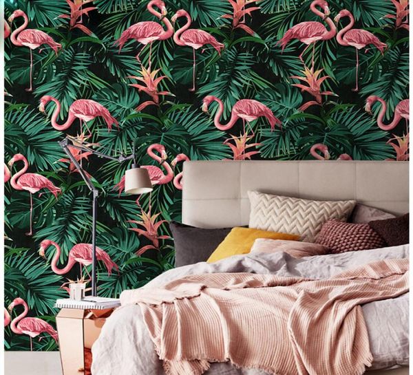 Mode plante verte rose flamant papier peint ins frais TV fond location maison salon filles chambre fête décor fashion7157269