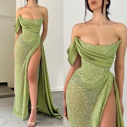 Mode vert paillettes robes de bal robes de soirée sans bretelles plis fente formelle tapis rouge longue occasion spéciale robe de soirée