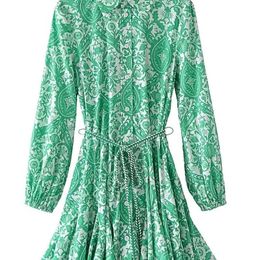 Fashion Green Marile Shirt Belt Woman Ruffle Vintage Robe imprimé Femmes Hobe Brave Mini Robes Longues Robes 220526 Casual for OXJGQ