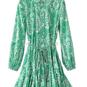 Mode groene mouw shirt riem vrouw ruche vintage jurk print vrouwen jurk korte mini -jurken lange jurken 220526 casual voor oxjgq