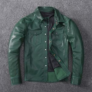 Envío gratis, camisa de piel de oveja de bronceado verde de moda. Chaqueta de cuero genuino delgada joven de calidad. Camisa de cuero delgada suave. LJ201030