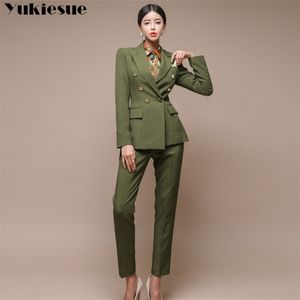 Fashion Green Women Blazer Set dubbele borsten slanke jas Potlood Pant vrouwen Pant Suit dames werkpak vrouwelijk 2 -delige set 210412