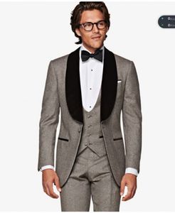 Mode Grijze Bruidegom Tuxedos Zwart Velvet Revers Groomsmen Mens Trouwjurk Uitstekende Man Jacket Blazer 3 stuk Pak (Jas + Broek + Vest + Tie) 15