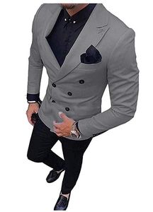 Mode Gris Groom Tuxedos Excellent Double Boutonnage Garçons D'honneur De Mariage Veste Blazer Hommes Formelle De Bal / Costume De Dîner (Veste + Pantalon + Cravate) 1210