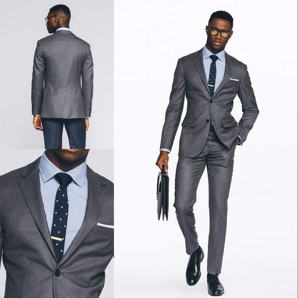 Esmoquin de boda gris a la moda, trajes ajustados para hombres, traje de padrino de boda, trajes formales de graduación baratos de dos piezas (chaqueta + pantalones)