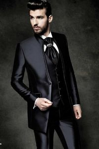 Mode Groom Tuxedos Shinny Black Mens Tuxedos De Mariage Mandarin Lapel Homme Veste Blazer Populaire 3 Pièce Costume (Veste + Pantalon + Gilet + Cravate) 1299