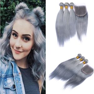 New Arrive Pure Color Gray Lace Closure With Bundles Straight Grey Hair Bundles Brazilian Virgin Remy Human Hair Silver Grey Hair Weaves