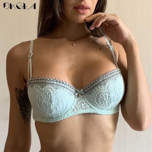 Mode demi-tasse soutien-gorge grande taille C D tasse brassière plongeant femmes soutiens-gorge Sexy dentelle sous-vêtements noir mince coton broderie Lingerie 210623