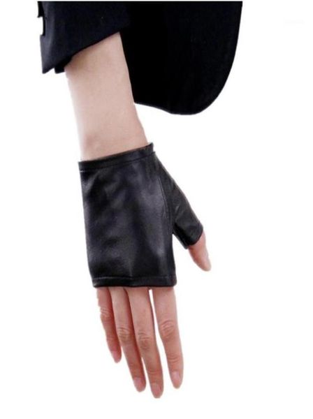 Gants en peau de mouton pour femmes, demi-doigt, à la mode, gants de conduite en cuir véritable, noirs unis, sans doigts, 16424707