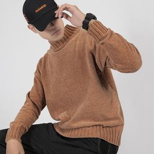 Moda medio cuello alto suéter hombres sólido suelto casual streetwear jersey japonés ropa masculina otoño chenilla tops de punto 201118