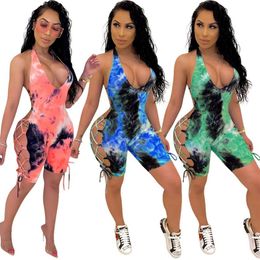 Mode Halter Combinaisons Femmes Tie-dye Imprimer Évider À Lacets Sexy Skinny Combishorts pour Discothèque Bar Col En V Profond Dos Nu Summe321a