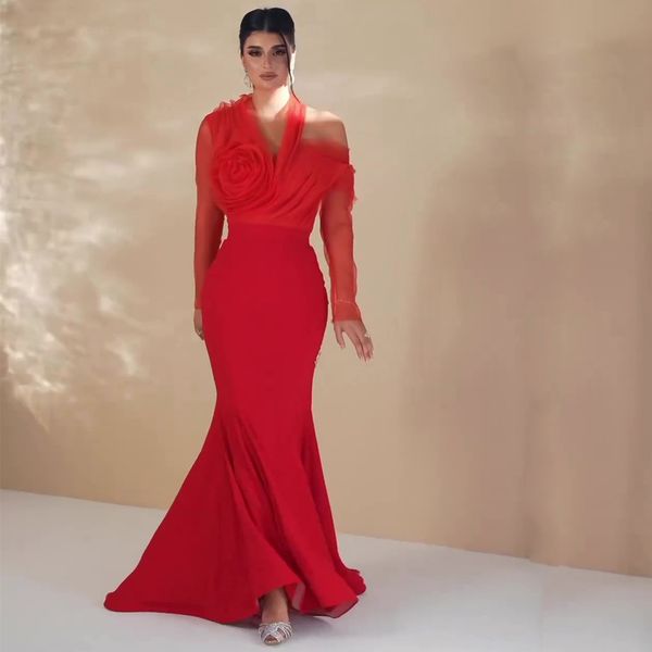 Robe de soirée de forme sirène, tenue de soirée froncée, en Tulle, manches transparentes, rouge, col licou, avec traîne de balayage, en Satin, à la mode, 2024