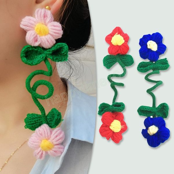 Mode main tricot fleurs boucles d'oreilles pendantes pour les femmes longue spirale vague boucles d'oreilles déclaration mariage fête bijoux en gros