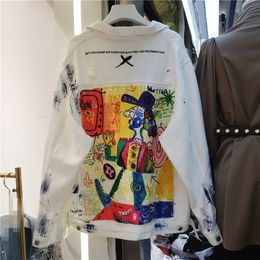 Moda pintado a mano personaje graffiti impresión mujeres chaqueta de mezclilla primavera otoño casual agujero jeans abrigo femenino outwear streetwear 240301