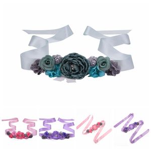 Cinturones florales con cuentas cosidas a mano para mujer, perlas brillantes, diamantes de imitación, flores de satén ardientes, faja de maternidad, accesorio de ropa