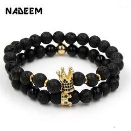 Mode Handgemaakte 2 Stuks Lot CZ Crown Charm Paar Lava Stone Bead Armbanden Sets Voor Vrouwen Mannen Sieraden Bileklik Pulseira Masculina11214s