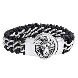 Mode Knappe Sieraden Gothic Heren Gevlochten Lederen 316L Rvs Biker Animal Lion Head Chain Bracelet Bangle