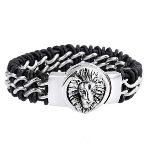 Mode beau bijoux gothique hommes tressé en cuir véritable 316L en acier inoxydable motard Animal Lion tête chaîne Bracelet Bracelet