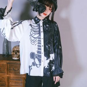 Mode Harajuku Schedel Print Vrouwen Blouses Punk Stijl Dames Shirts 2024 Lente Herfst Lantaarn Mouw Blusas Mujer Losse