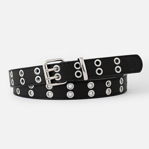 Moda Harajuku mujeres Punk cadena cinturón ajustable negro DoubleEyelet ojal hebilla de Metal cintura de cuero para Jeans G1026