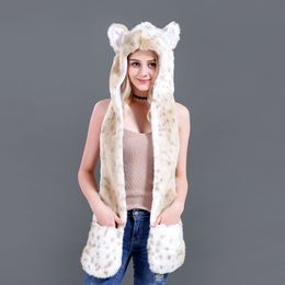 Chapeau de mode écharpe gant intégré animal imitation fourrure peluche dessin animé léopard des neiges 211207