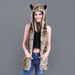 Chapeau de mode écharpe gant intégré animal en peluche dessin animé petit motif léopard imitation fourrure 211207