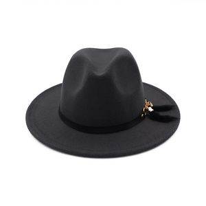 Mode-hoeden wol vilt fedora hoed met veer franjes decoratie mannen vrouwen brede rand jazz Panama hoed chapeau