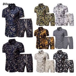 Conjunto de camisa de manga corta con estampado hawaiano a la moda, pantalones cortos con estampado de coco para la playa para hombre, conjunto de camisa de playa diaria para hombre, S-3xl de dos piezas 2021 X0610